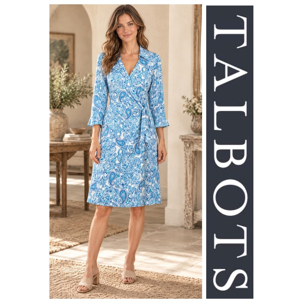 Talbots Blue Paisley Stretchy Wrap Dress Size Large NWT $149